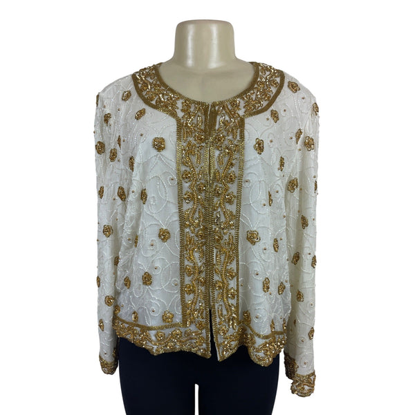 Mark & John Vintage White & Gold Sequined Beaded Jacket With Floral Design Sz XL