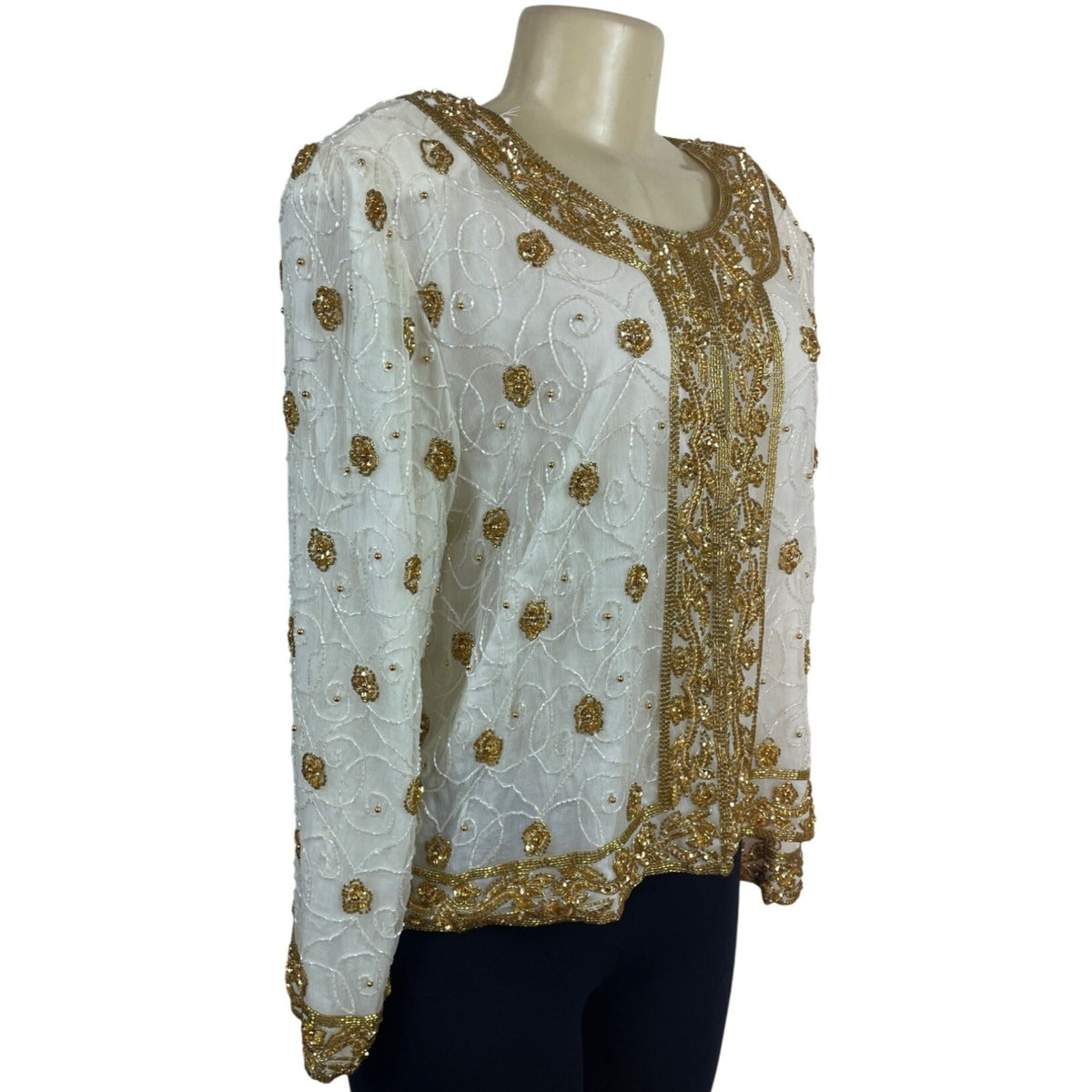 Mark & John Vintage White & Gold Sequined Beaded Jacket With Floral Design Sz XL