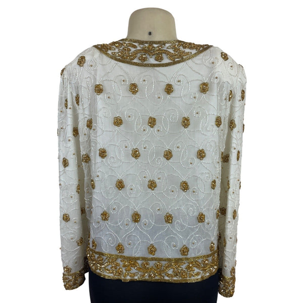 Mark & John Vintage White & Gold Sequined Beaded Jacket With Floral Design Sz XL