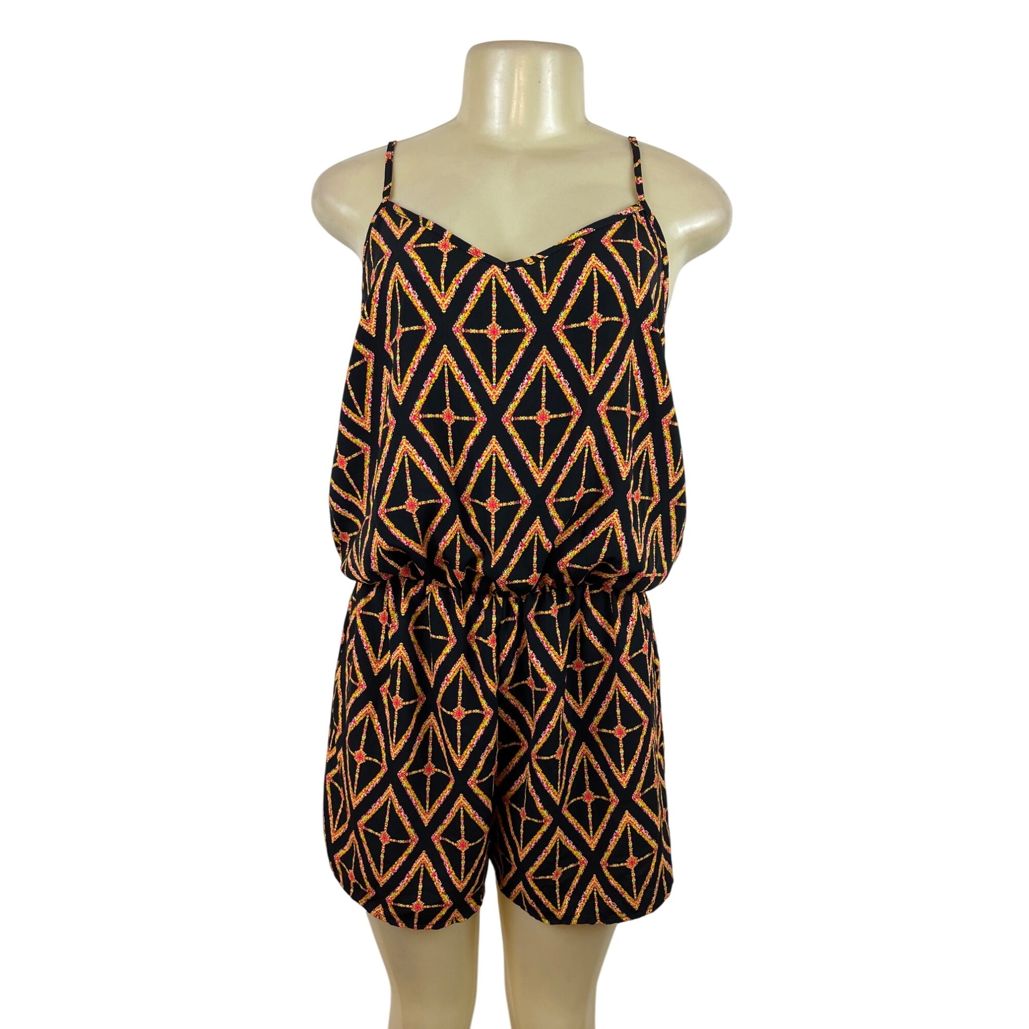 Orange Creek Women's Black Sleeveless Romper with Orange Geometric Print Orange Creek Women's Black Sleeveless Romper with Orange Geometric Print
