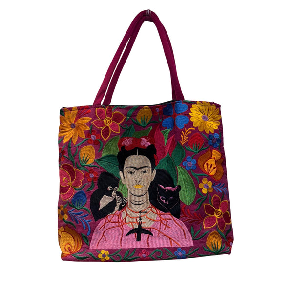 Frida Kahlo Embroidered Womens Multicolor Canvas Tote Bag Large Floral Design