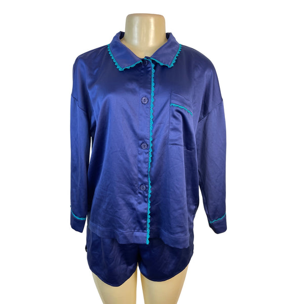 Flora Nikrooz 2 Piece Pajama Set Navy Blue Button Up Top & Shorts Size M
