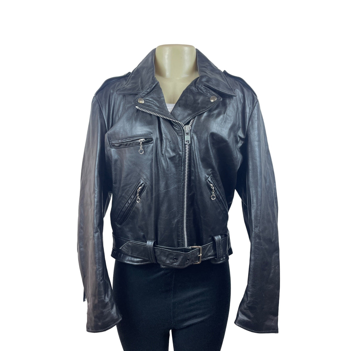 Vintage 80s The Leather Shop Women’s Black Leather Zip Up Fringe Jacket Sz 18