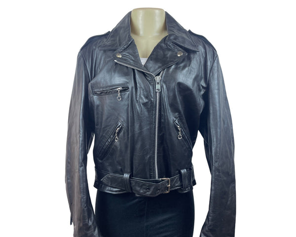 Vintage 80s The Leather Shop Womenβs Black Leather Zip Up Fringe Jacket Sz 18