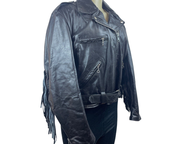 Vintage 80s The Leather Shop Womenβs Black Leather Zip Up Fringe Jacket Sz 18