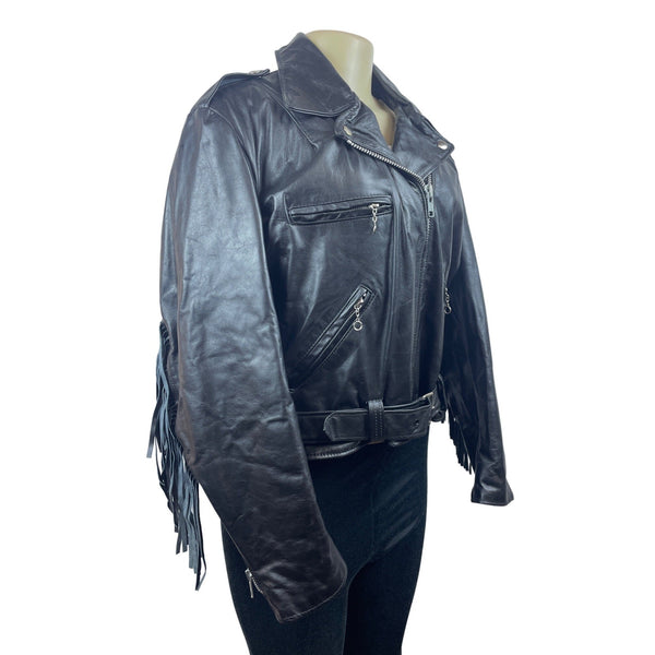 Vintage 80s The Leather Shop Women’s Black Leather Zip Up Fringe Jacket Sz 18