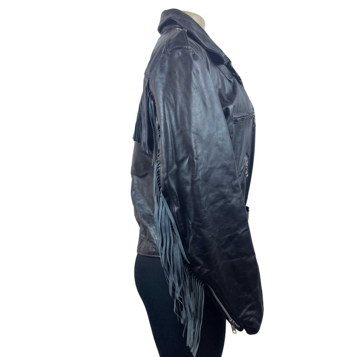 Vintage 80s The Leather Shop Women’s Black Leather Zip Up Fringe Jacket Sz 18