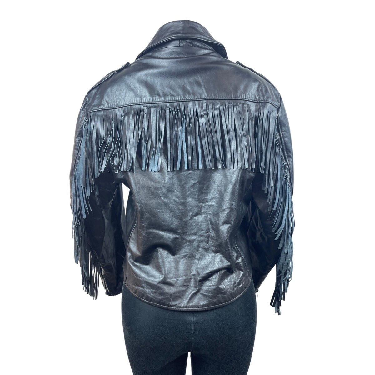 Vintage 80s The Leather Shop Women’s Black Leather Zip Up Fringe Jacket Sz 18