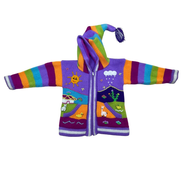Handmade Kids Purple Multicolor Knit Hooded Cardigan With Embroidered Animals