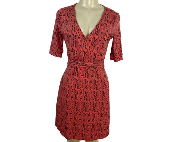 Toad & Co Red & Black Wrap Dress With Leaf Print V-Neckline Short Sleeves Sz XS