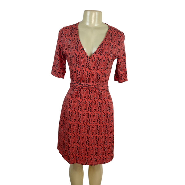 Toad & Co Red & Black Wrap Dress With Leaf Print V-Neckline Short Sleeves Sz XS