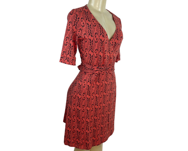 Toad & Co Red & Black Wrap Dress With Leaf Print V-Neckline Short Sleeves Sz XS