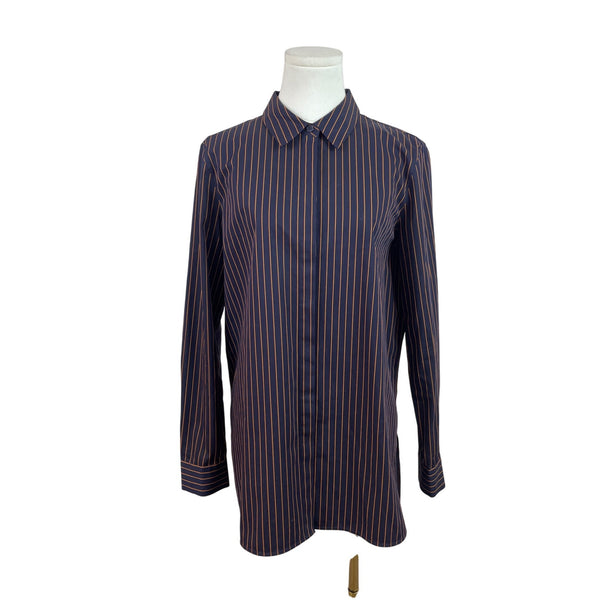 Lafayette 148 New York Women Navy & Orange Striped Button-Up Shirt Long Sleeve Size M