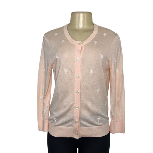 Loft Peach Cardigan White Embroidered Floral Design Button-Up Front Size S - New