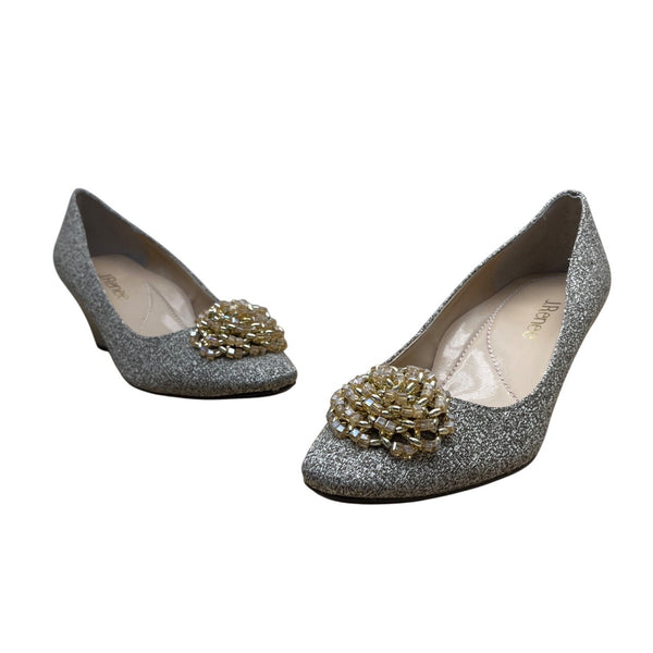J. Renee Women’s Grey Glitter Eloisa Gold Beaded Detail Wedge Pumps Sz 7.5M