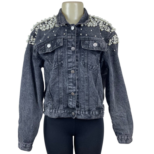 Womens Black Denim Pearl Embellished Jacket With Button Front & Chest Pockets