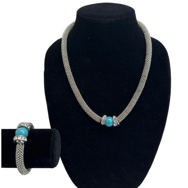 Heavy Turquoise Cristal Accents Silver Tone Necklace and Bracelet Set - 22in