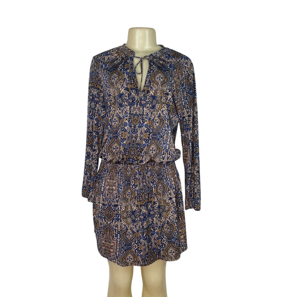 Juniper Blu Women's Boho Printed Long Sleeve Dress With Tie Neck & Elastic Waist