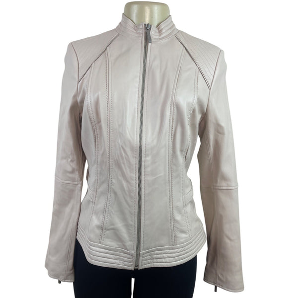 G.I.L.I. Womens Pink Leather Moto Jacket W/ Quilted Shoulder Accents Sz 8