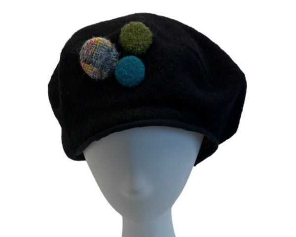 Vintage Style Handmade Black French Beret Pom-Pom Accents One Size