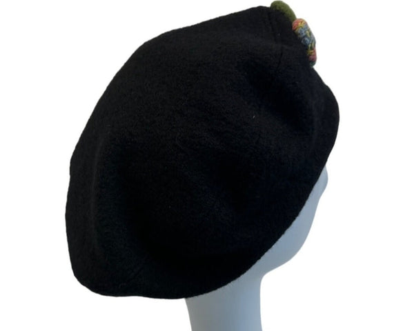 Vintage Style Handmade Black French Beret Pom-Pom Accents One Size
