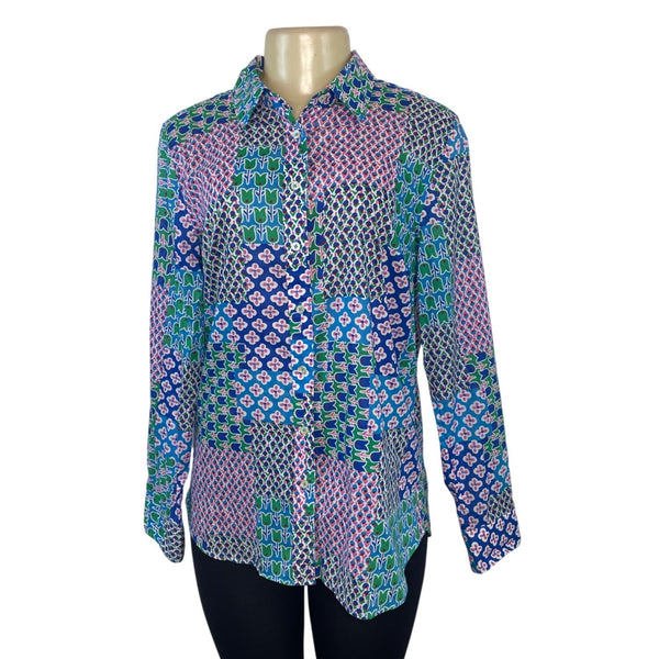 Talbots Women's Patchwork Tulip Print Button-Up Shirt M 100% Cotton Long Sleeve