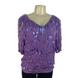 Vintage Oleg Cassini Purple Silk Sequin Beaded Blouse With Short Sleeves Sz M