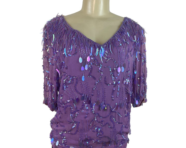 Vintage Oleg Cassini Purple Silk Sequin Beaded Blouse With Short Sleeves Sz M
