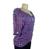Vintage Oleg Cassini Purple Silk Sequin Beaded Blouse With Short Sleeves Sz M