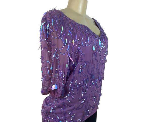 Vintage Oleg Cassini Purple Silk Sequin Beaded Blouse With Short Sleeves Sz M