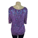 Vintage Oleg Cassini Purple Silk Sequin Beaded Blouse With Short Sleeves Sz M