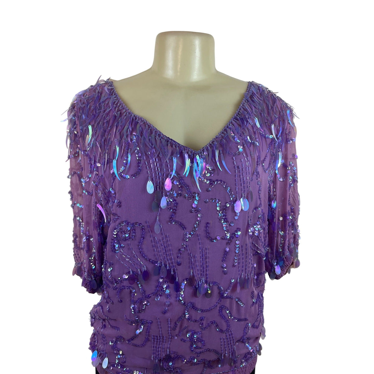 Vintage Oleg Cassini Purple Silk Sequin Beaded Blouse With Short Sleeves Sz M