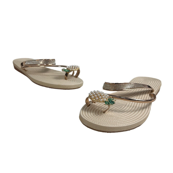 Women's Beige Pineapple Faux Pearls Rhinstone Strap Sandals Sz 42 (11.5 US)