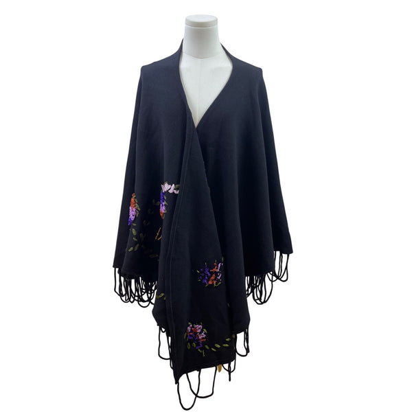 Angel Design By Hanton Black Wool & Acrylic Floral Embroidery Fringe Hem Poncho