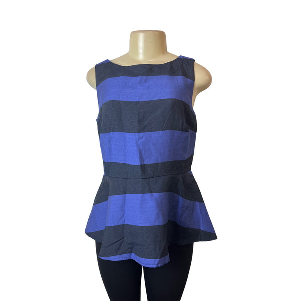 Banana Republic Women's Black & Blue Striped Sleeveless Peplum Shirt Sz 6