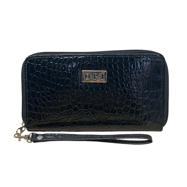 O.P.I Black Faux Croc Embossed Patented Leather Zip-Around Wristlet Clutch Sz M