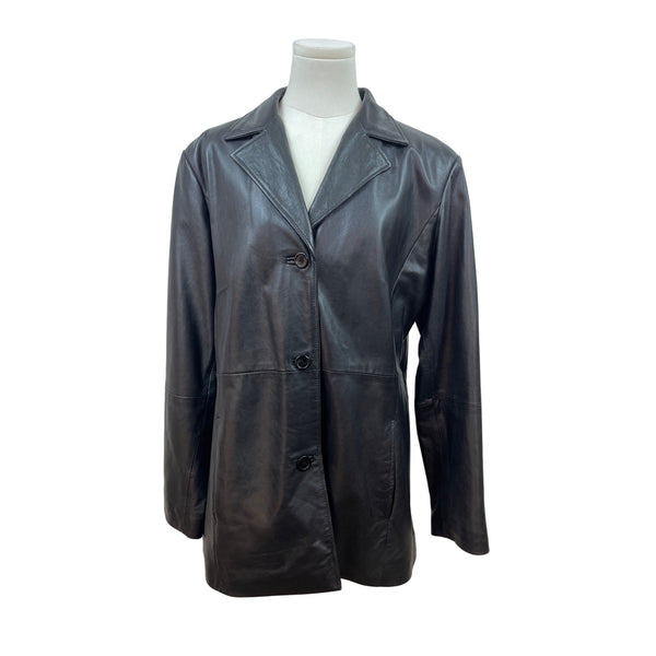 Hillard & Hanson Women Black Leather Blazer Jacket Outer & Polyester Lining Size L