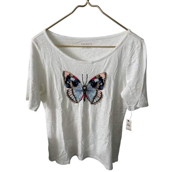 Talbots Womens White Embroidered Butterfly T-Shirt Size S NWT