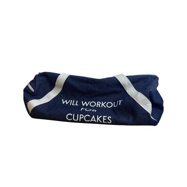 Canvas Womens Navy/White Zip Closure Knit Strap Duffel Bag "Will Workout For Cupcakes"