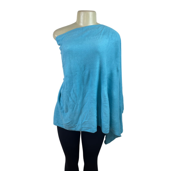 One-Shoulder Blue Acrylic Poncho Top Womens Flowing Lightweight Knit - New