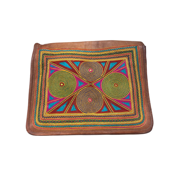 Handcrafted Leather Bag With Colorful Embroidered Geometric Design