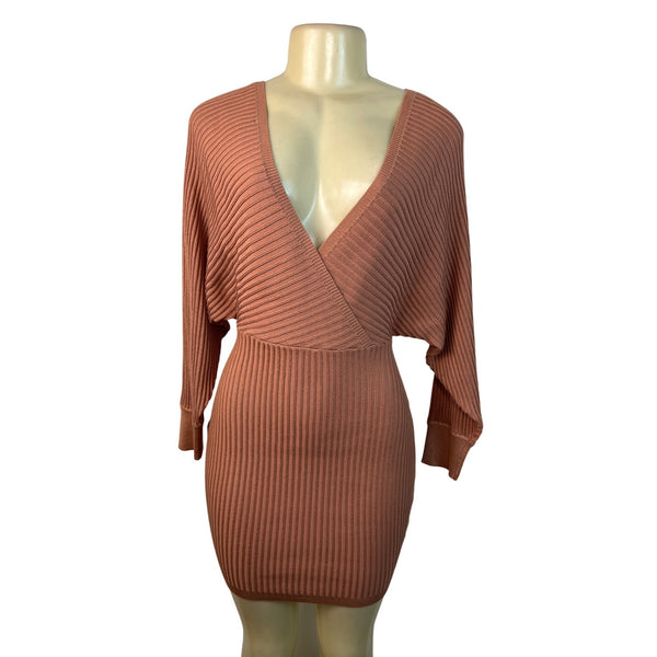 Love Tree Women's Salmon Ribbed Knit Bodycon Mini Dress With Dolman Sleeves Sz S