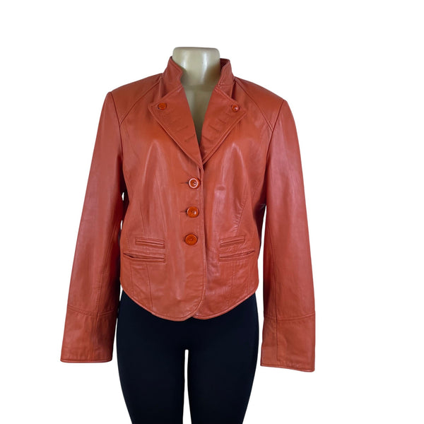 Cache Women's Orange Faux Leather Button Front Jacket Stylish Fit