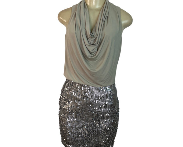 Donna Ricco Beige Halter Top Dress With Silver Sequin Skirt Sz 4P