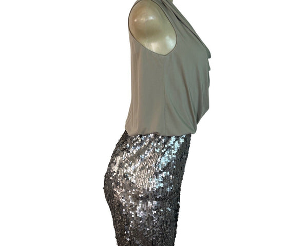 Donna Ricco Beige Halter Top Dress With Silver Sequin Skirt Sz 4P