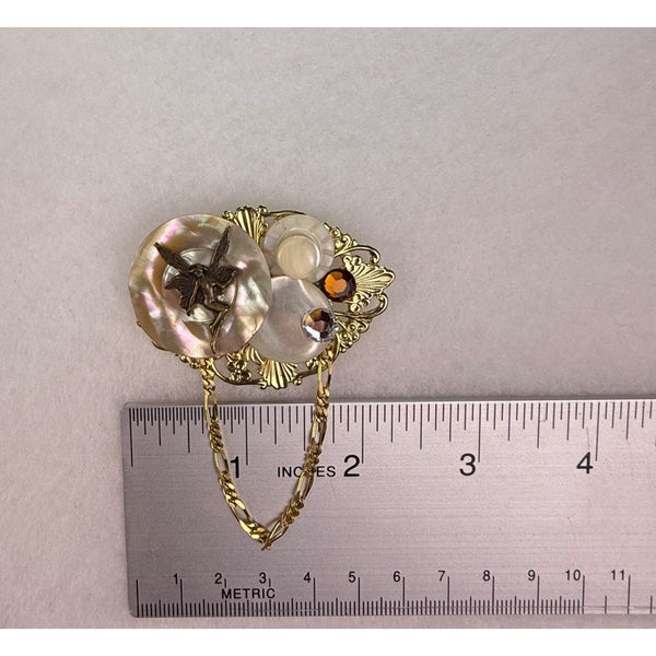 Vintage Gold Tone Filigree Fairy Brooch With Mother Of Pearl & Rhinestone