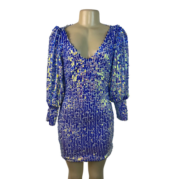 Women's Blue Sequin Puff Sleeve Mini Dress With Deep V-Nec Sz S