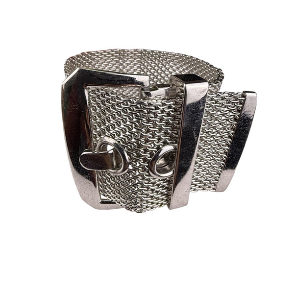 Wide Silver Tone Mesh Buckle Bracelet For Women Statement Cuff Retro Metalwork