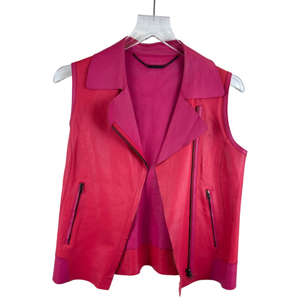 Elie Tahari Womens Pink Leather Sleeveless Moto Vest Asymmetric Zip Pockets Size M