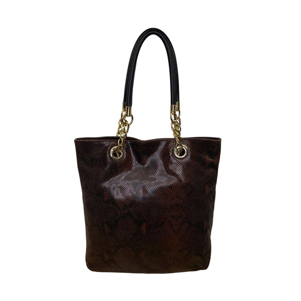 Cynthia Rowley Women’s Brown Leather Snakeskin Gold Tone Chain Handles Tote Bag